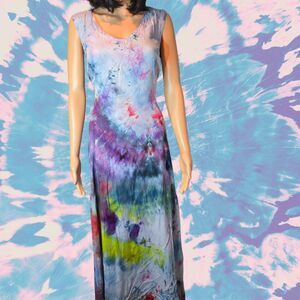 Ice‑Dyed Rayon Maxi Dress | Size Medium | Bright Multicolor
